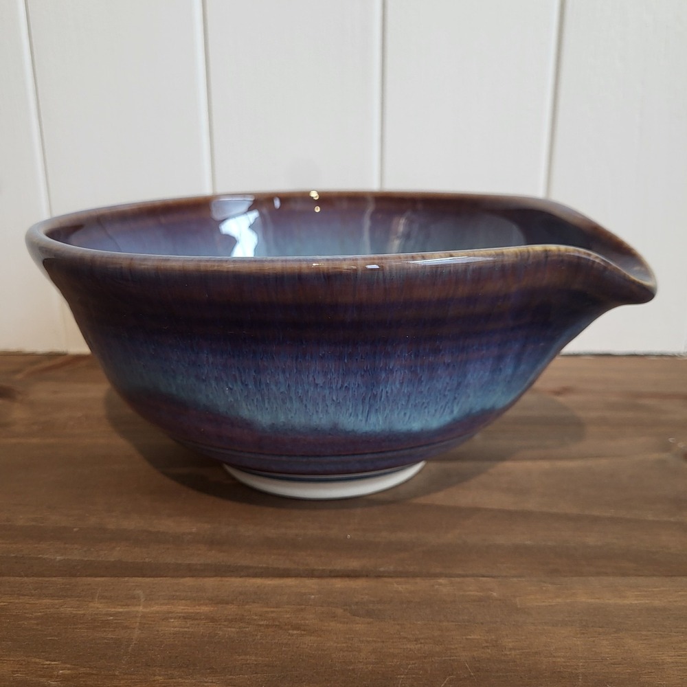 Bill Campbell Blue Pottery Mixing Batter Bowl Pouring Spout Drip Glaze‎ Signed